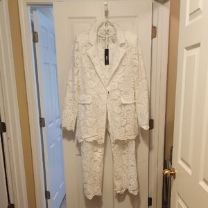 Fashion Nova White Lace Blazer & Pant Set